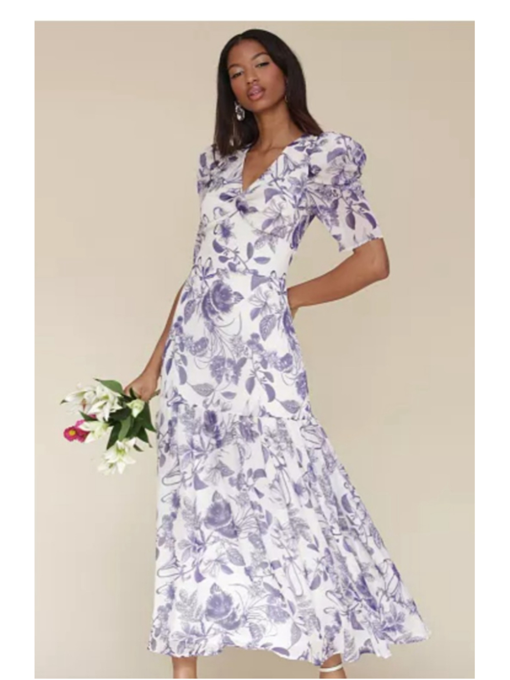 Avec Les Filles Porcelain Flower Floral Puff Sleeve Maxi Dress NWT Size 2